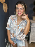 Sadie Printed Tie Neck Flounce Sleeve Top