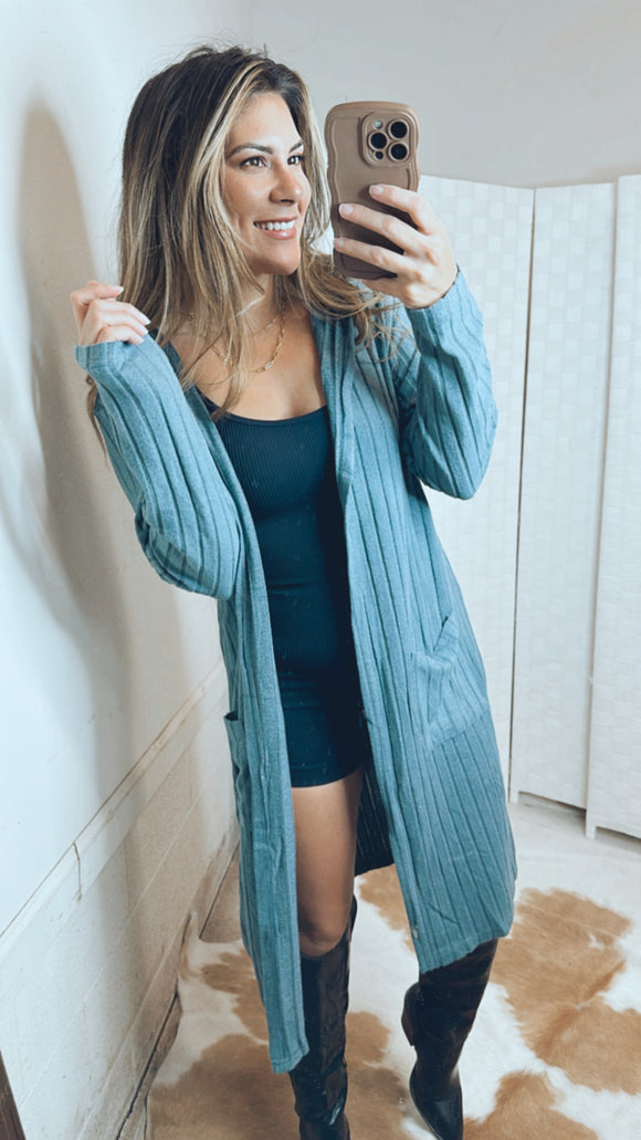 Ribbed Open Front Long Sleeve Hooded Cardigan