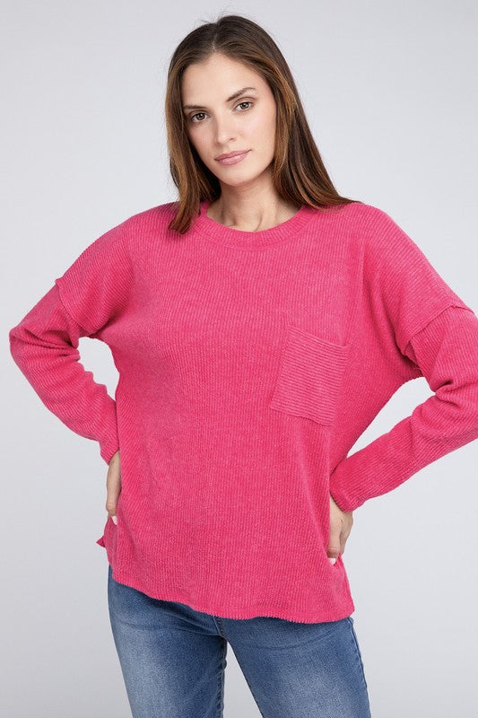 Ribbed Brushed Melange Hacci Sweater Pocket PREORDER