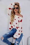 Woven Right Heart Print Fuzzy Crewneck Long Sleeve Sweater